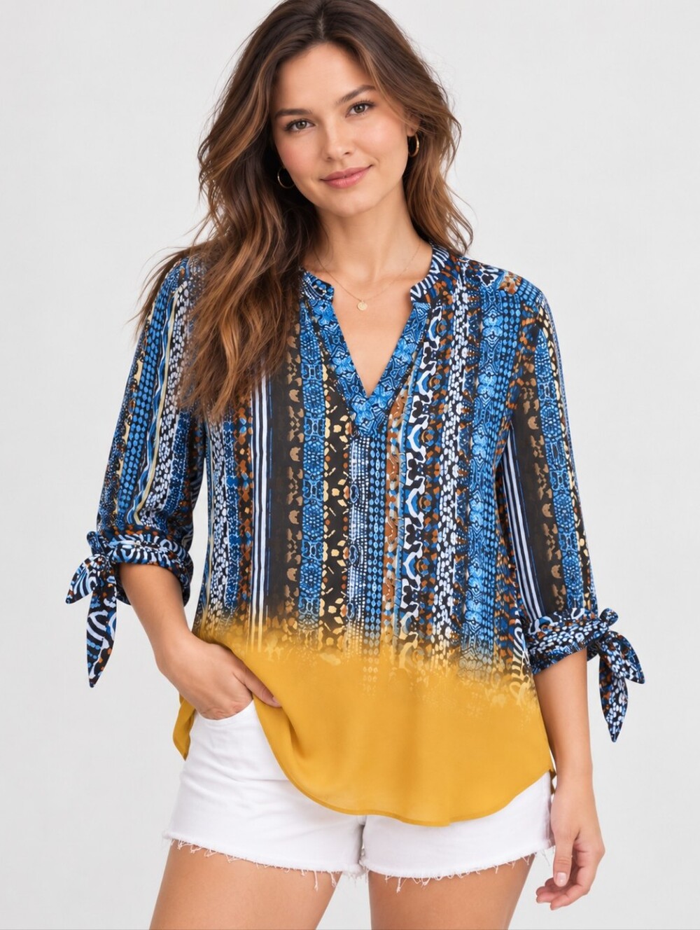 Zac & Rachel Boho Print Tie Sleeve Blouse Blue Mustard Petite Small
